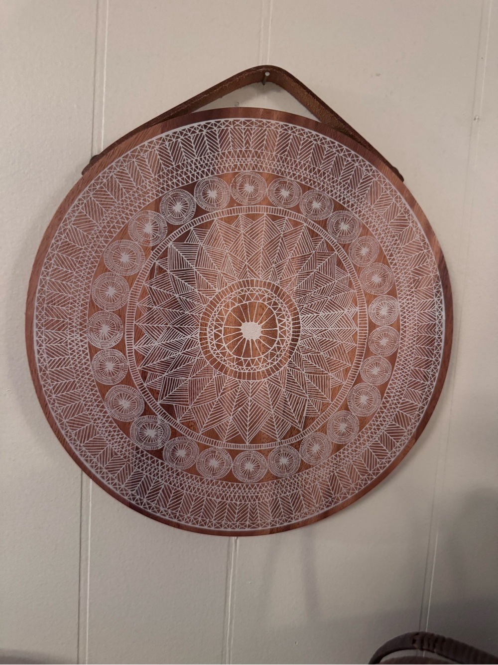 Round Wood Mandala Wall Art in Brown and White/Cutting Board